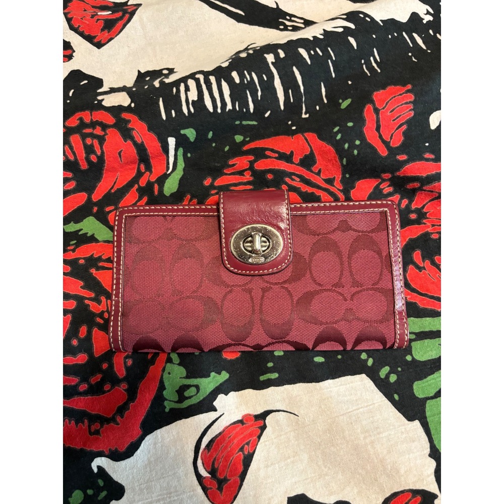 Coach Signature Jacquard Turnlock Trifold Wallet Burgundy Red Leather Trim